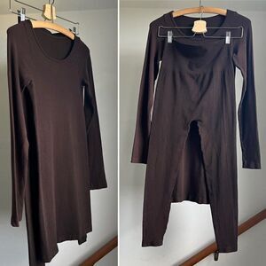 Elle Tian Matching Two‎ Piece Set Long line Tunic Top Capri Leggings Brown